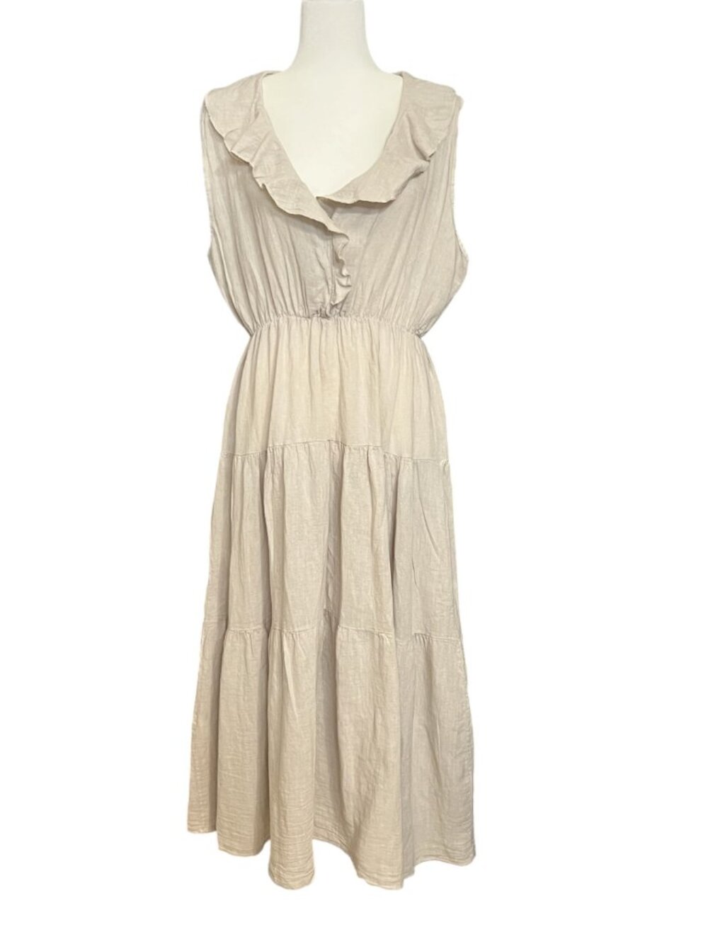 I Love Linen Italy 100% Linen Tiered Sleeveless Dress Beige Boho Size L Summer - Picture 2 of 7